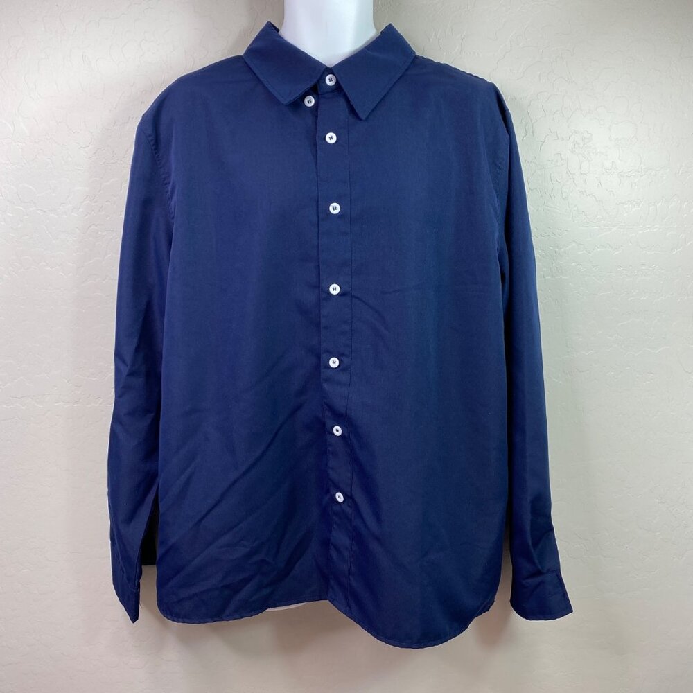 Mens Navy Blue Button-Up Shirt Classic Collar Long-Sleeve Size XXL